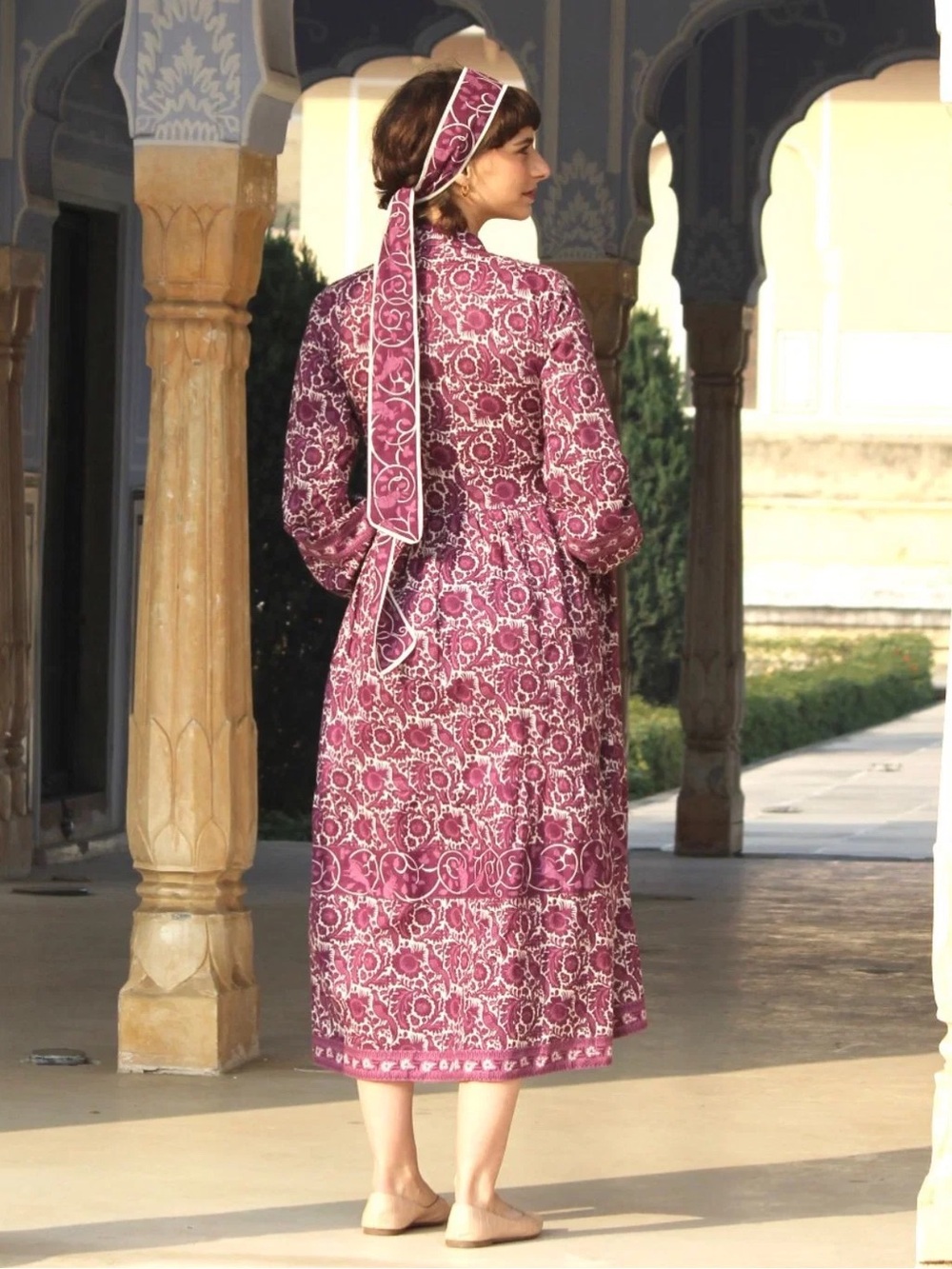 Cyclamen | Maroon Peacock Sage Dress Cotton Block Print Long Sleeve XS